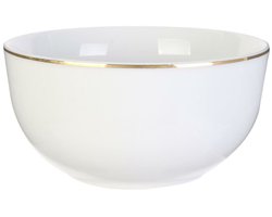 Home Deco Factory Kommetje/serveer schaaltje - wit met gouden rand - D14 x 7 cm - porselein - ontbijt/hapjes - stapelbaar - Soepkommen