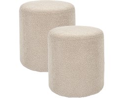 Home deco factory Poef bouclé - 2x - taupe - rond - D35 cm - teddy stof - hocker - teddy poef