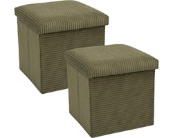 Home Deco Factory Poef/hocker opvouwbaar - 2x - rib design - opbergbox - groen - polyester/mdf - 38 x 38 cm