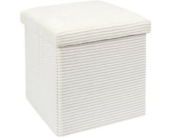 Home Deco Factory Poef/hocker opvouwbaar - rib design - opbergbox - wit - polyester/mdf - 38 x 38 cm