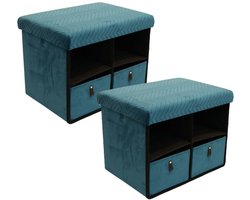 Home Deco Factory Poef/hocker storage - 2x - opvouwbaar - stof - opbergbox - groen - polyester/mdf - 38 x 50 cm