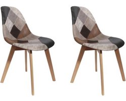 HOME DECO FACTORY, Set van 2 eetkamerstoelen in Scandinavische stijl, patchwork stof, beukenhouten poten, volledige en gebogen rugleuning, zelf in elkaar te zetten, bruin, 46 x 85 x 55 cm