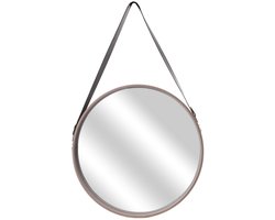 Home Deco Factory spiegel - rond - - hout - met leren handvat - D40 cm