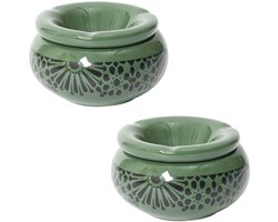 Home Deco Factory Storm Asbak Marrakesh - 2x - Kunststeen - D8 x H5 cm - groen - voor binnen/balkon