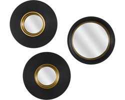 Home Deco Factory wandspiegel set - 3x stuks - rond - D25,5 - zwart/goud - kunststof - decoratie spiegels