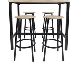 Home deco - Loka bartafel set - met houten blad en zwart metalen frame + 4 bar krukken
