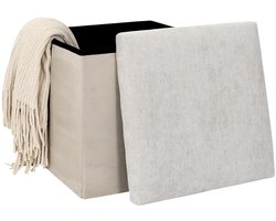 Home deco Poef/hocker Emilia - beige - opvouwbaar - 38 x 38 cm - polyester/mdf - opbergbox