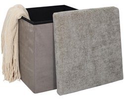 Home deco Poef/hocker Emilia - taupe - opvouwbaar - 38 x 38 cm - polyester/mdf - opbergbox