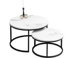 Home-Heaven® Ronde Salontafels Wit Marmer set van 2 – Bijzettafel Zwart – Salontafel Rond MDF Marmerlook Ø70 & Ø50cm