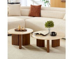 Home-Heaven® Salontafel Rond Travertin look met Bruin Hout – Set Van 2 Ø76cm & Ø58cm