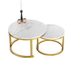 Home-Heaven Salontafel Rond wit Marmer set van 2 Bijzettafel Goud Salontafel Rond MDF Marmerlook 70 & 50cm