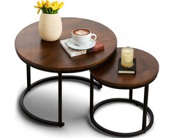Home-Heaven® Salontafels Rond Bruin Hout Print – Bijzettafel Set Van 2 – Salon tafel Ø60cm & 40cm