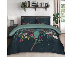 Home Impressions® Floris - Groen - Katoen Satijn 140x200-220 + 1 kussensloop 60x70 cm -"Pauw en Bloemen" Timeless Chic