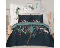Home Impressions® Floris Mystery Flower lits-jumeaux Dekbedovertrek - Katoen-Satijn - Omkeerbaar " Bloemen & Pauw " Groen