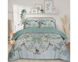 Home Impressions® -Groen- Savan - Katoen Satijn 140x200-220 + 1 kussensloop 60x70 cm - "bloemen en vogels"