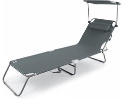 Home Ligstoel, inklapbaar, kantelbaar, met verstelbaar zonnedak 360° en afneembaar kussen, zonnebed van metaal met waterafstotende stof, draagkracht 110 kg, 186 x 55 x 24 cm, grijs