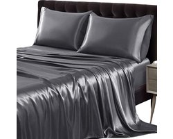 Home & Marker - Zijdezacht Hoeslaken met Kussenslopen - Fitted Sheet - Matras Overtrek - Beddengoed - Bed Sheet - Donkergrijs - 180x200 cm - SILKYFIT
