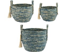 Home Society Set/3 Manden Baskets Opbergers Seagrass Blauw Wit
