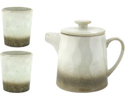 Home Society - Theeset - Theepot - 2 mokken - Keramiek - Wit/Bruin