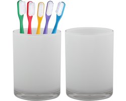 Home & Styling badkamer bekers - 2x - tandenborstelhouder - Troyes - kunststof - wit - 7 x 9 cm