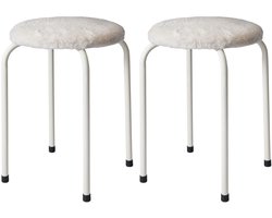 Home & Styling Bijzet krukje Furry white - 2x - metaal/stof - D40 x H48 cm - Meubels - Zitten