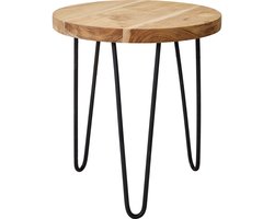 Home & Styling Bijzettafel - zwart/bruin - metaal en teak hout - D38 cm - plantenpot verhoger - binnen/buiten