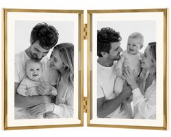 Home & Styling Opvouwbare fotolijst - gouden frame - voor 2 fotos van 13 x 18 cm - lijstje is 27 x 18 cm - rvs - harmonica lijst