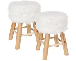 Home & Styling zit krukje Malmo - 2x - houten onderstel en fluffy stof - wit - D30 x H43 cm