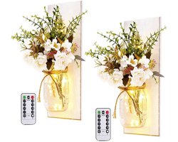 Home Sweet Home - Landelijke Wandspot Drift - wandlamp - Touch schakelaar - Wandlamp op Accu & Batterij - Trapverlichting - handgemaakte wanddecoratie - witte pioenroos, cadeau, wanddecoratie, woondecoratie, set van twee