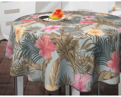 Home Trend Tafelzeil - 160 cm Rond - 5R2/07 - Tropische bloemen - Bruin - Roze - Blauw - PVC - Afwasbaar - Beschermrand - Extra sterk