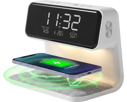 Home Vibes® Digitale Wekker – Slaapwekker – Digitale Klok - Met Draadloze Oplader – Dubbele Alarm en Snooze – Nachtlamp Functie – Dimbaar LCD Display - Wit