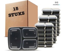 Home X Meal Prep Bakjes 15 stuks - 3 vakken - 1 liter - Met klikdeksel - BPA-vrij - Magnetron, vriezer en vaatwasser veilig, zwart