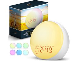 HomeBay Products Wake Up Light - Wekkerradio - Bed Sfeerlamp - Digitale Wekker - White noise - Klok - Batterij Backup - 2 Alarmen - Dimbaar display – USB oplaad poort - RGB Effecten - Eenvoudige bediening - 12 of 24 uurs instelling - Batterijbackup