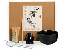 HomeBlend Matcha Set - Zeef - Zwart - Matcha Klopper - 5-delig - Starterkit - Kom - Klopperhouder - Bamboe Lepel - Keramiek - Theeceremonie Set - Japanse Thee Set - Starterkit