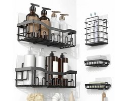 Homeblend Plakstrip Doucherek - zonder boren - mat zwart - 5-delige set - 2 Doucherekken - 2 Zeephouders - Tandenborstelhouder - RVS Badkamer organizer