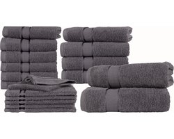 Homéé 18 delige handdoekenset Ruche 2 badlakens 4 handdoeken 6 gastendoekjes 6 washandjes antraciet gekamde katoen 550g. m²