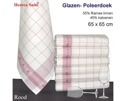 Homéé® Glazendoek - Poleerdoeken jacquard rood ruiten 65x65cm - set van 6 stuks - 50% Ramee linnen 50% katoen