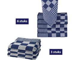 Homéé® Keukendoeken 9-delige sets blauw/wit - 6 x theedoeken 65x65cm + 3 x keukenhanddoeken 50x50cm