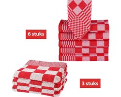 Homéé® Keukendoeken 9-delige sets rood/wit - 6 x theedoeken 65x65cm + 3 keukenhanddoeken 50x50cm