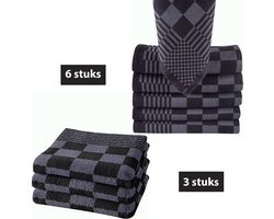 Homéé® Keukendoeken & Theedoeken Set Antraciet/Zwart - 9-Delig - 6 Theedoeken 65x65 cm + 3 Keukenhanddoeken 50x50 cm - 100% Katoen - Sterk Absorberend