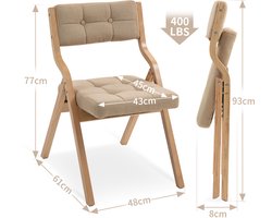 HOMEFUN opvouwbare stoelen met kussen, houten opvouwbare stoelen met bekleding, set van 2, draagbare en direct te gebruiken klapstoelen voor gasten, keuken, kantoor, bruiloften en feesten, kaki