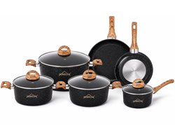 Homelux 10-delige Pannenset met Glazen Deksels & Houtlook Handgrepen – Inductie Geschikt, Anti-aanbak Coating, Kookpannen Set voor Gas, Elektrisch & Keramisch, PFAS-vrij, Krasbestendig, Luxe Kookgerei Set Zwart Speckle