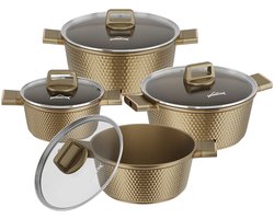 Homelux 8-Delige Inductie Pannenset met Diamantstructuur - Kookpannen met Glazen Deksels, Antiaanbaklaag, Aluminium - Stapelbaar - Geschikt voor Inductie - Gas & Elektrisch, Vaatwasserbestendig - Goud, 2.5L-8.7L Kookset