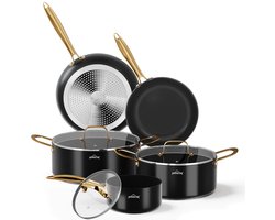 Homelux 8-Delige Pannenset Inductie - Koekenpannen 24 & 28 cm - Kookpannen met Glazen Deksels - Aluminium Antiaanbak Pannenset - Geschikt voor Inductie - Gas & Elektrisch - Zwart/Goud - Vaatwasserbestendig - Luxe Kookset