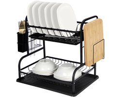 Homelux afdruiprek - 2 laags - Droogrek - Afwasrek Met lekbak - Aluminium RVS - Kwalitatief - 52x31x40 - Zwart