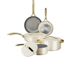 Homelux Luxe Pannenset 8-delig Wit/Goud – Complete Kookpannenset & Koekenpannen met Deksels – Inductie Pannenset met Antiaanbaklaag – Aluminium Gesmede Pannen – Geschikt voor Inductie Gas Elektrisch Keramisch – Ideaal voor Dagelijks Koken Ceyiz