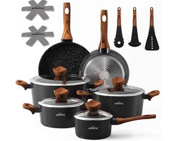 Homelux - Pannenset 15-delig Inductie – Complete Potten en Pannen Set – Gegoten Aluminium Kookset met Antiaanbaklaag – Koekenpannen en Kookpannen met Glazen Deksels – Geschikt voor Inductie Gas Keramisch Elektrisch – PFOA-vrij Zwart