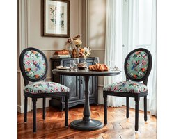 HomeMiYN Eetkamerstoelen Set van 2 – Zwart Houten Frame Stoelen met Groene Vogel Bloemen Bekleding – Vintage Design Dining Chair – Gestoffeerde Keukenstoelen
