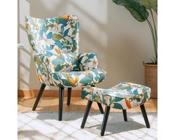 HomeMiYN Fauteuil met Voetenbank – Eénpersoons Loungestoel in Linnenlook Bloemen Design Groen Wit – Comfortabele Relax Stoel met Hocker voor Woonkamer en Slaapkamer