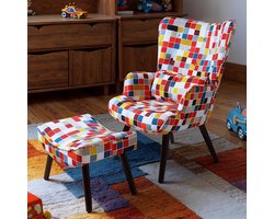 HomeMiYN Fauteuil met Voetenbank – Eénpersoons Loungestoel in Linnenlook Multicolor Mozaïek Design – Comfortabele Relax Stoel met Hocker – Vintage Decoratieve Stoel voor Woonkamer en Slaapkamer